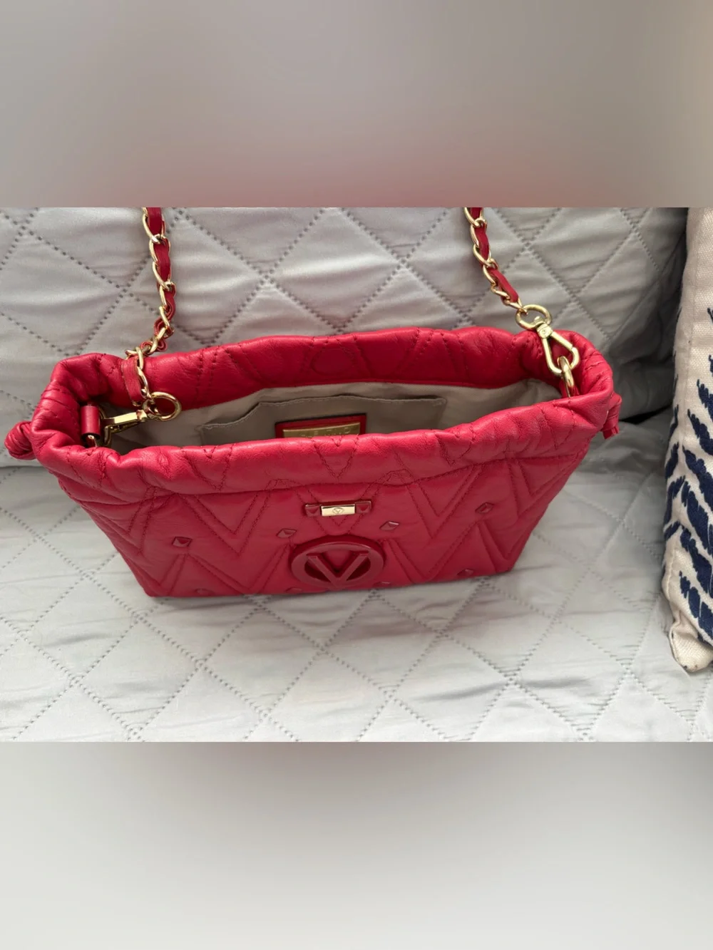 Valentino By Mario Valentino Quilted Red Crossbody with Gold Chain